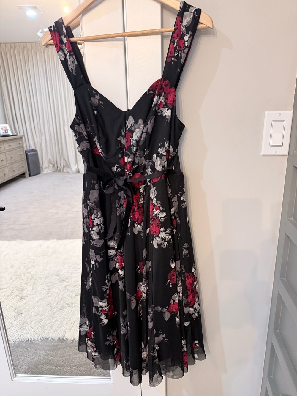 Torrid Retro Chic Black Floral Midi Dress with Red and Gray Accents Size 10